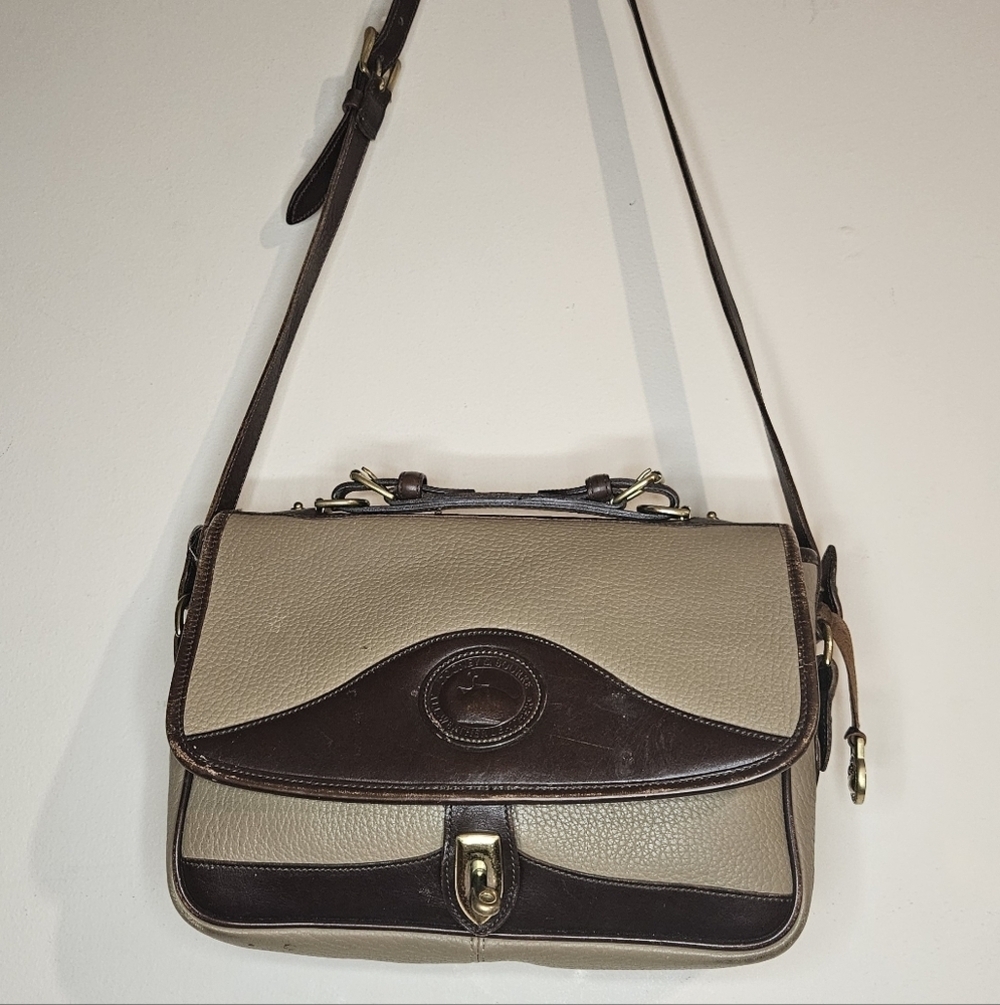 Vintage Dooney & Bourke Carrier Leather Satchel Taupe & Burnt Cedar Shoulder Bag - Picture 1 of 10